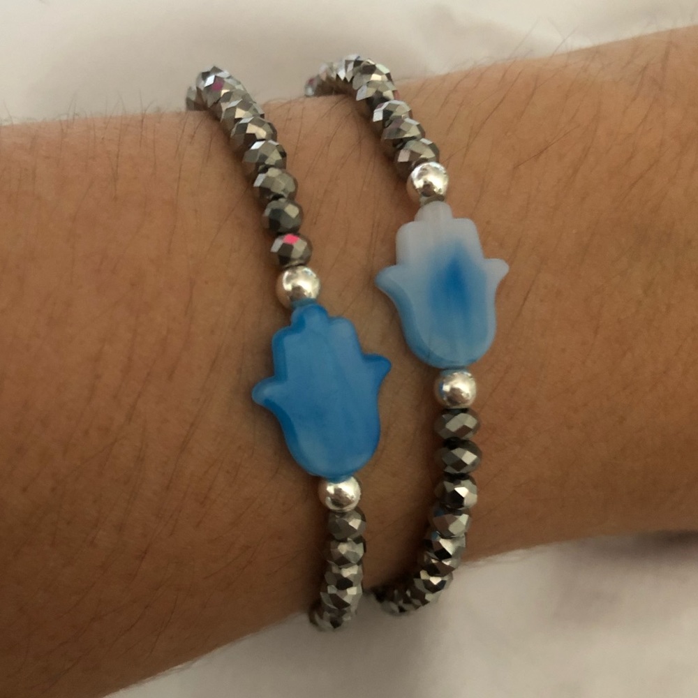 Blue Hamsa bracelet with Silver Crystals